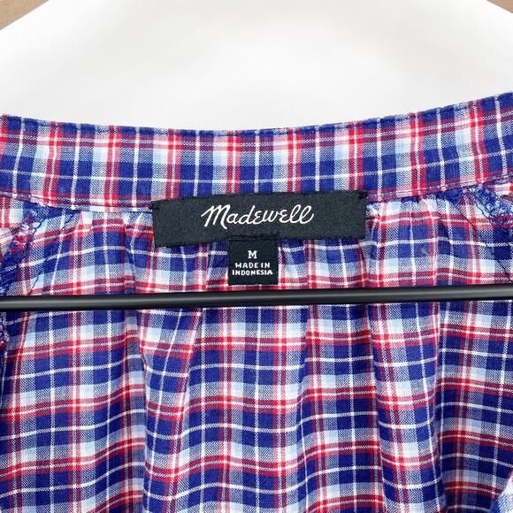 Madewell Tie-Sleeve Popover Top in Whitby Plaid Cotton Linen Blend Size Medium - Picture 5 of 8